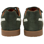 A close up view of a pair of green and white kids Gola sneakers from the back.