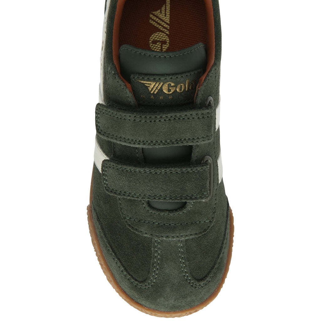 A close up view of the green and white kids Gola sneakers from the front.