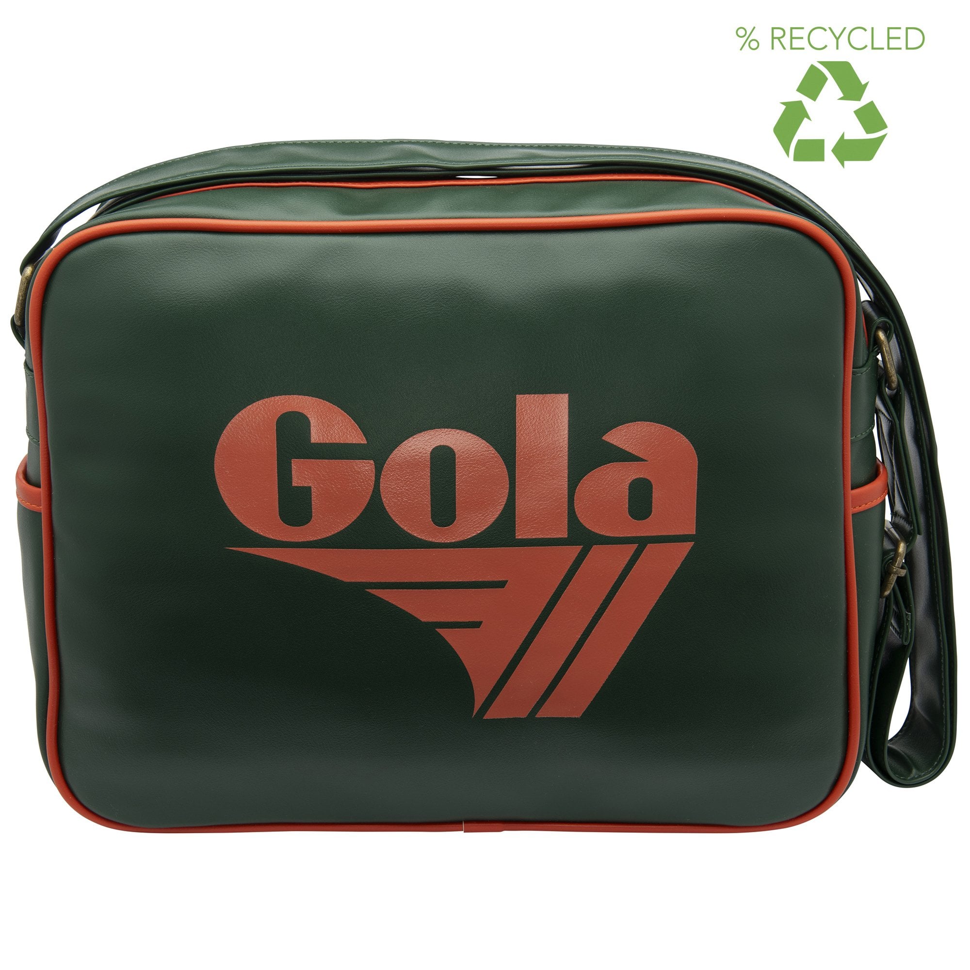 Front view of a dark green Gola messenger bag with orange trim and logo, featuring a recycled symbol.