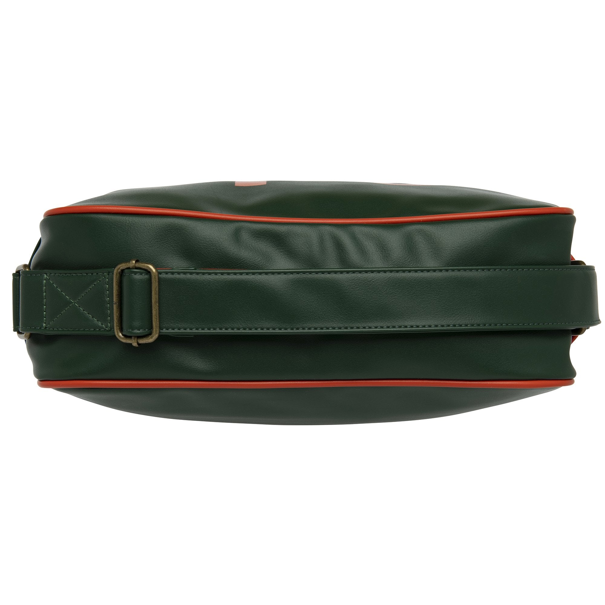 Top-down view of a dark green Gola messenger bag with orange trim and strap detail.