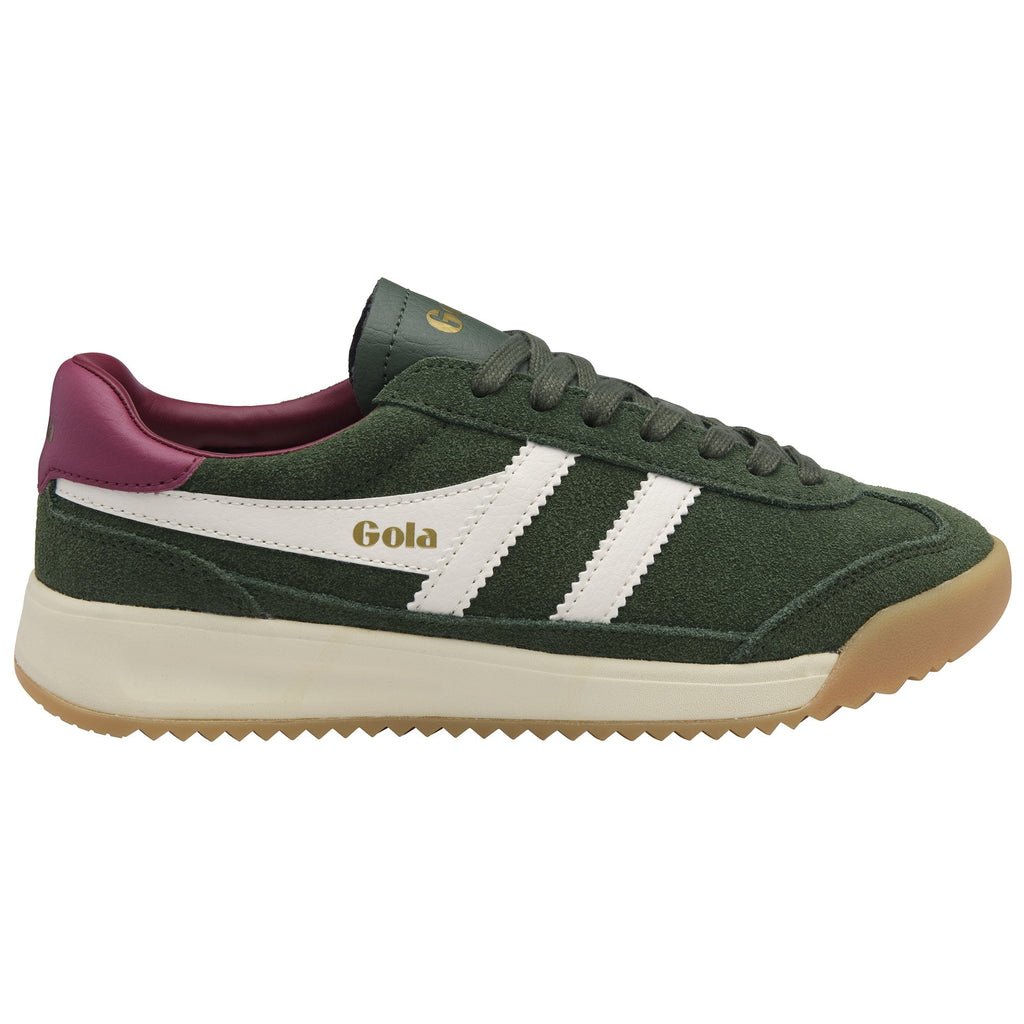 Side profile of a Gola men's trainer in green suede with white stripes.