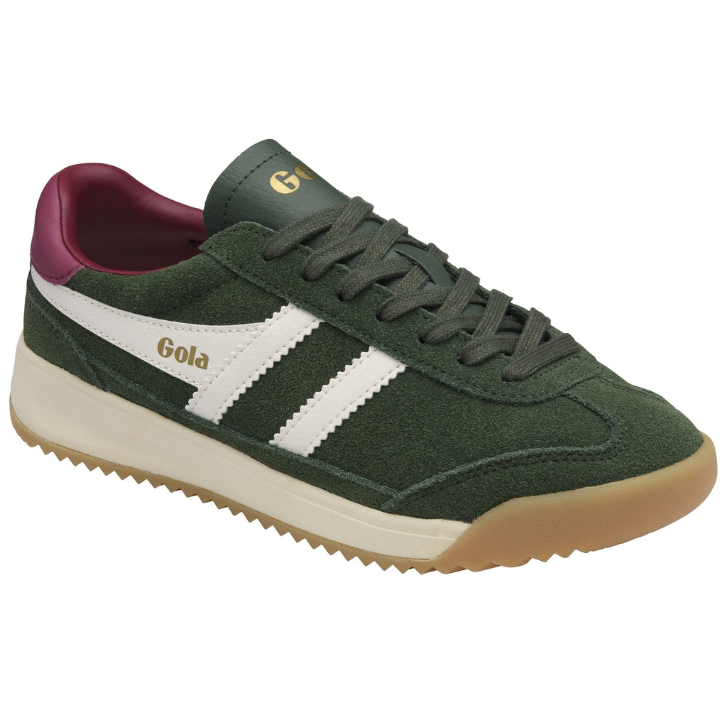 Gola women's trainer in green suede with white stripes and a burgundy heel tab