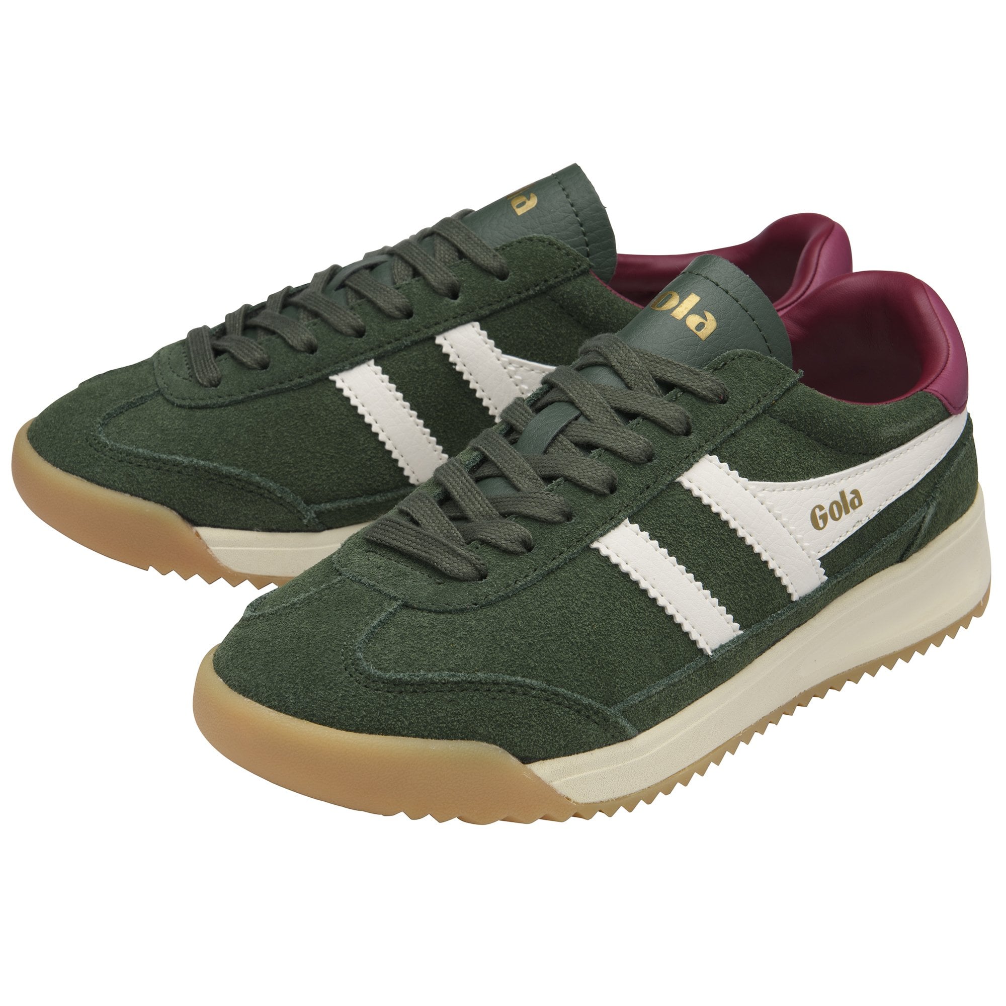 Pair of Gola men's trainers in green suede with white stripes, angled from above.