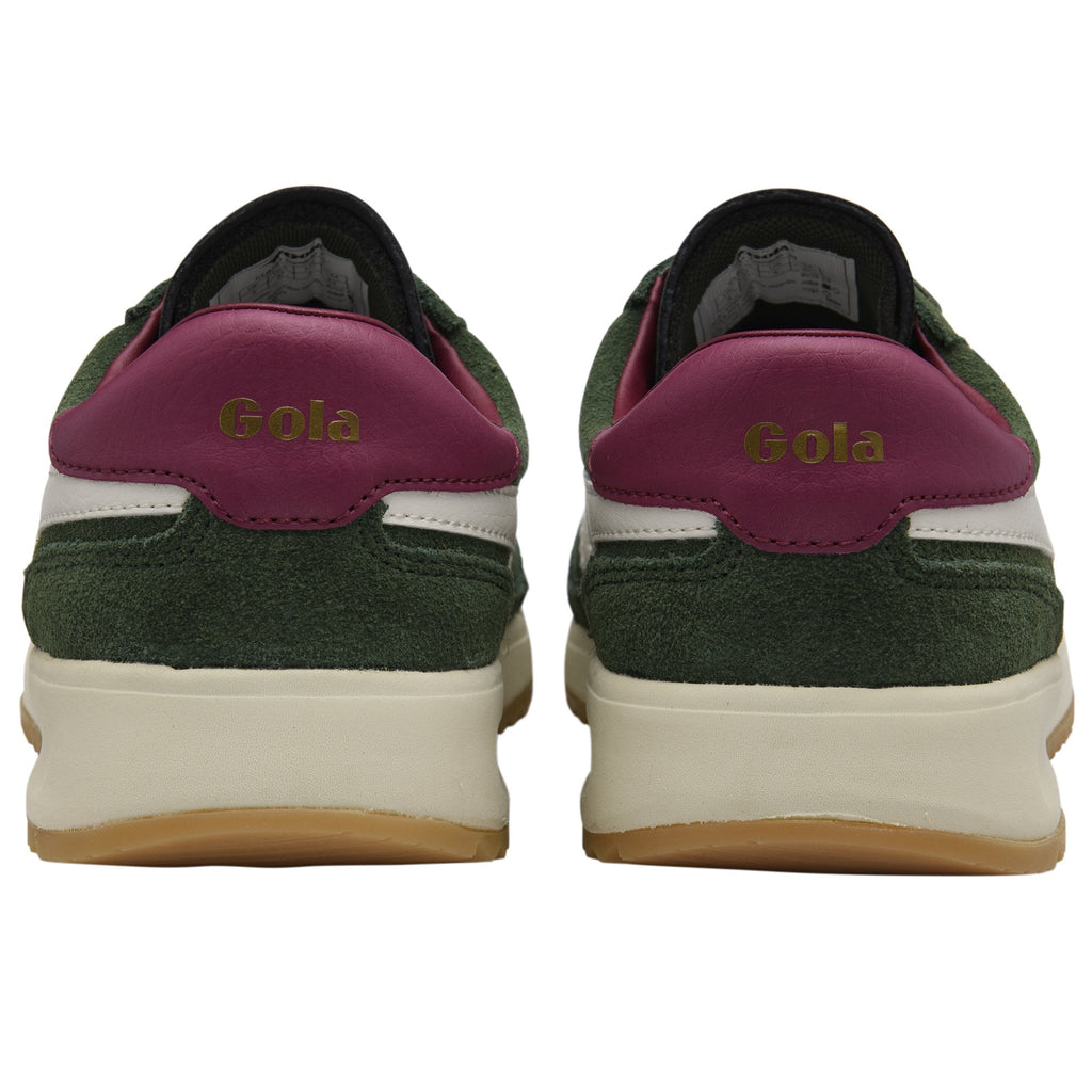 Rear view of a pair of Gola men's trainers in green suede with white stripes.