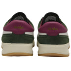 Rear view of a pair of Gola men's trainers in green suede with white stripes.