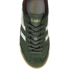 Gola Harrier suede trainers in dark green with white stripes and a gum sole