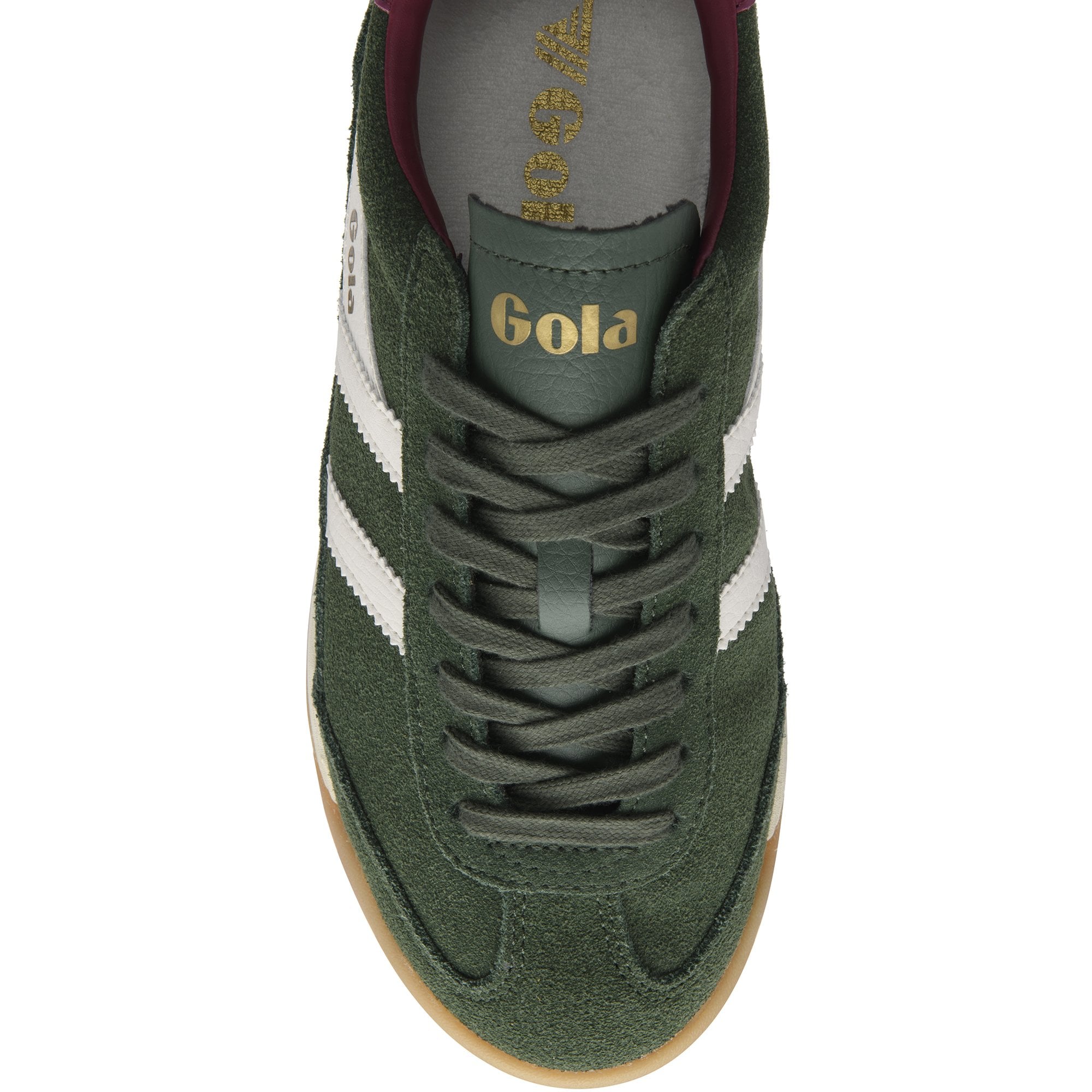 Top-down view of a single Gola men's trainer in green suede with white stripes.