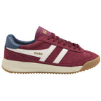 Left side view of a single Gola men's sneaker in red, cream, and brown.