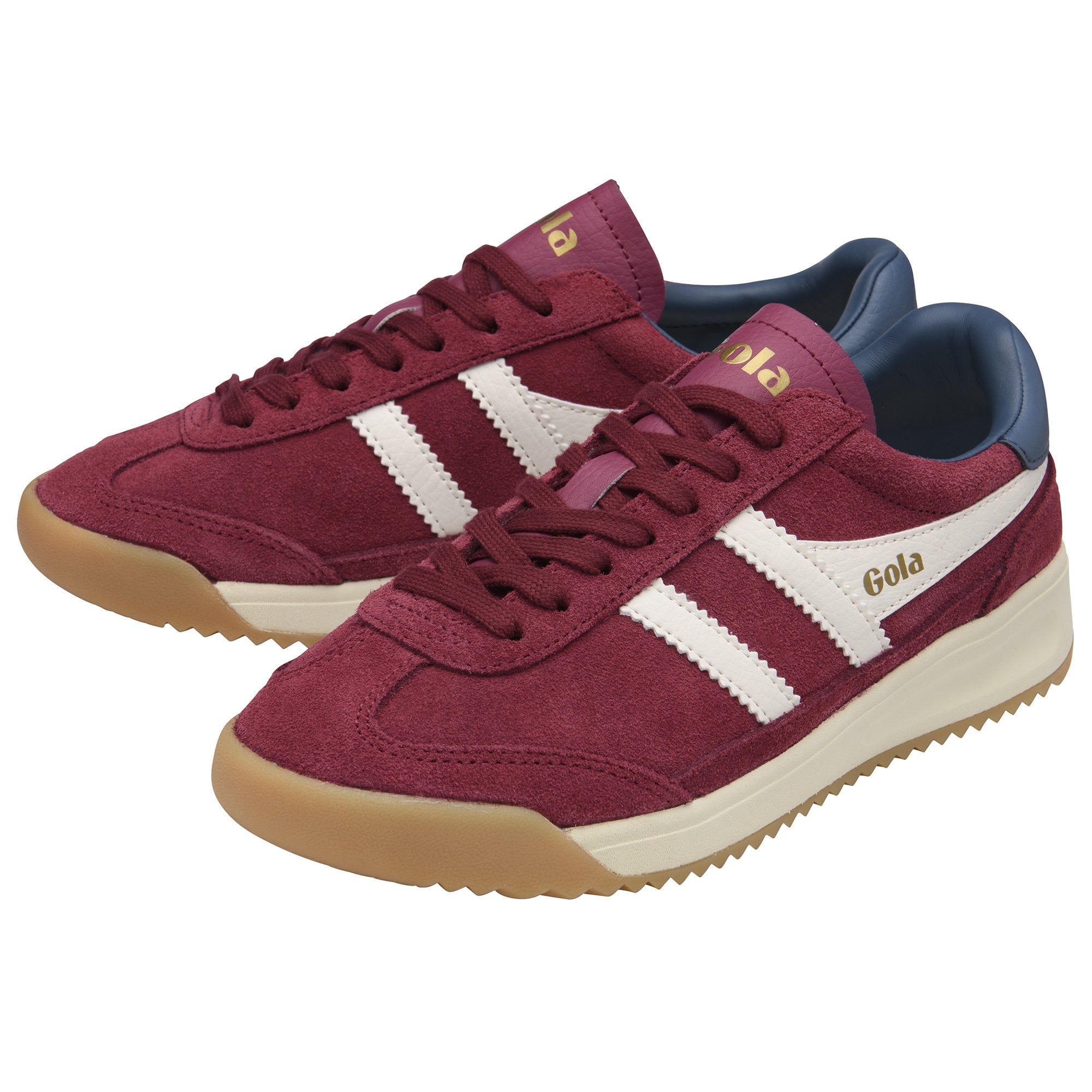 Pair of Gola men's sneakers in red, cream, and brown, angled from the right.