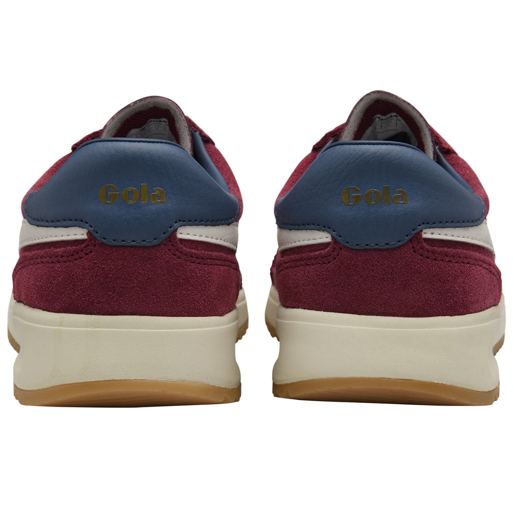 Back view of a pair of Gola men's sneakers in red, cream, and brown.