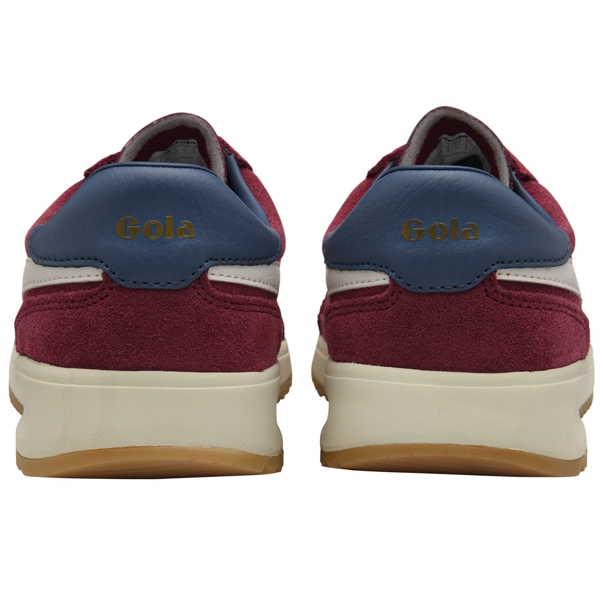 Back view of a pair of Gola men's sneakers in red, cream, and brown.