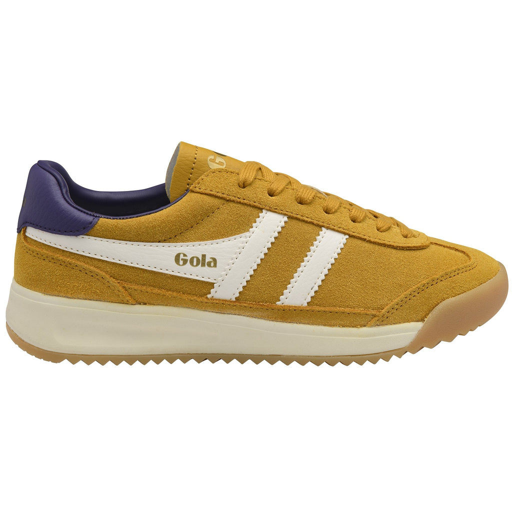 A single mustard yellow Gola shoe with white stripes and a dark blue heel detail.