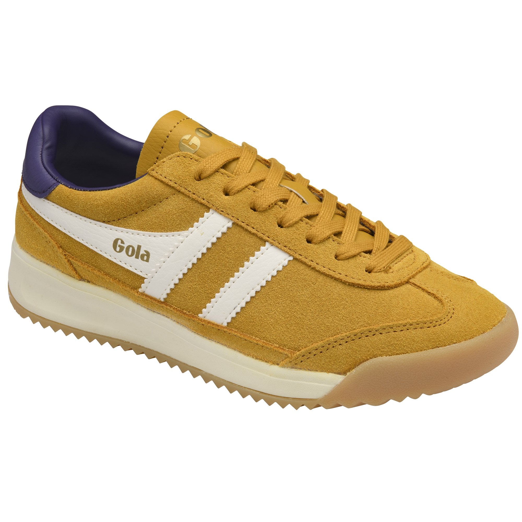 A single mustard yellow Gola sneaker with white stripes, a dark blue heel, and brown sole.