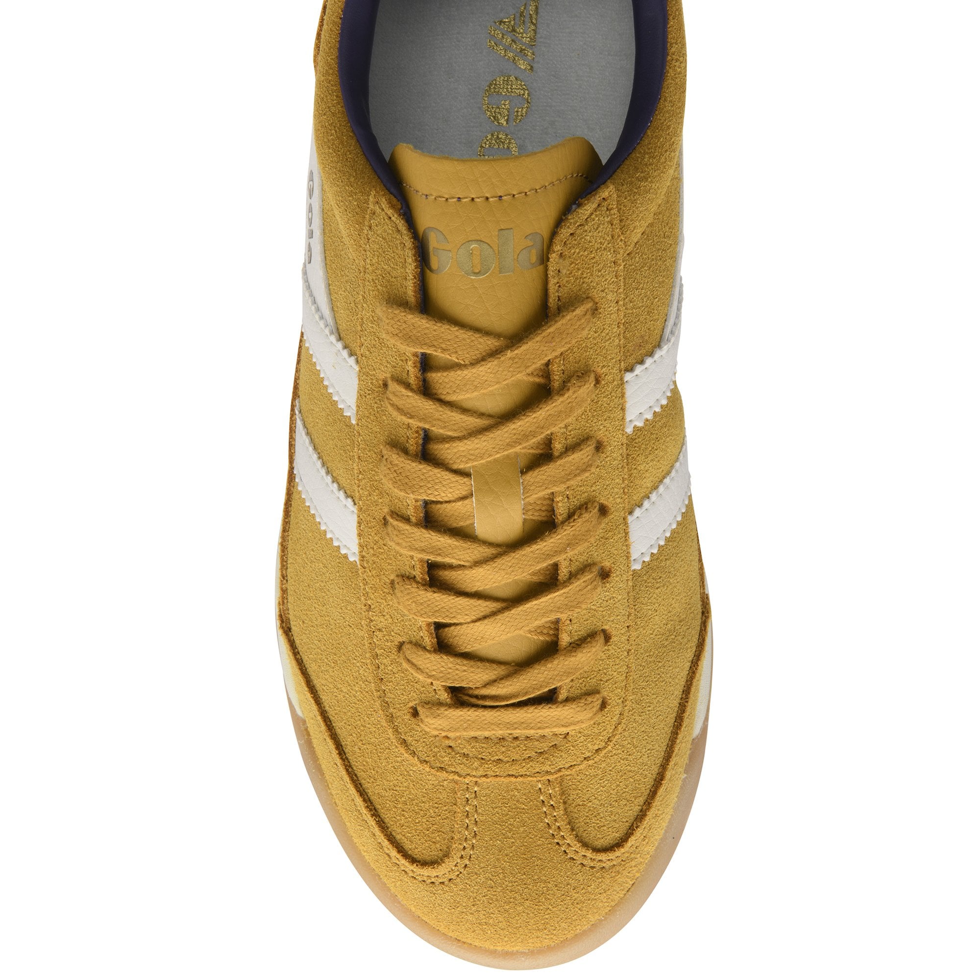 The top-down view of a single mustard yellow Gola sneaker with white stripes and laces.