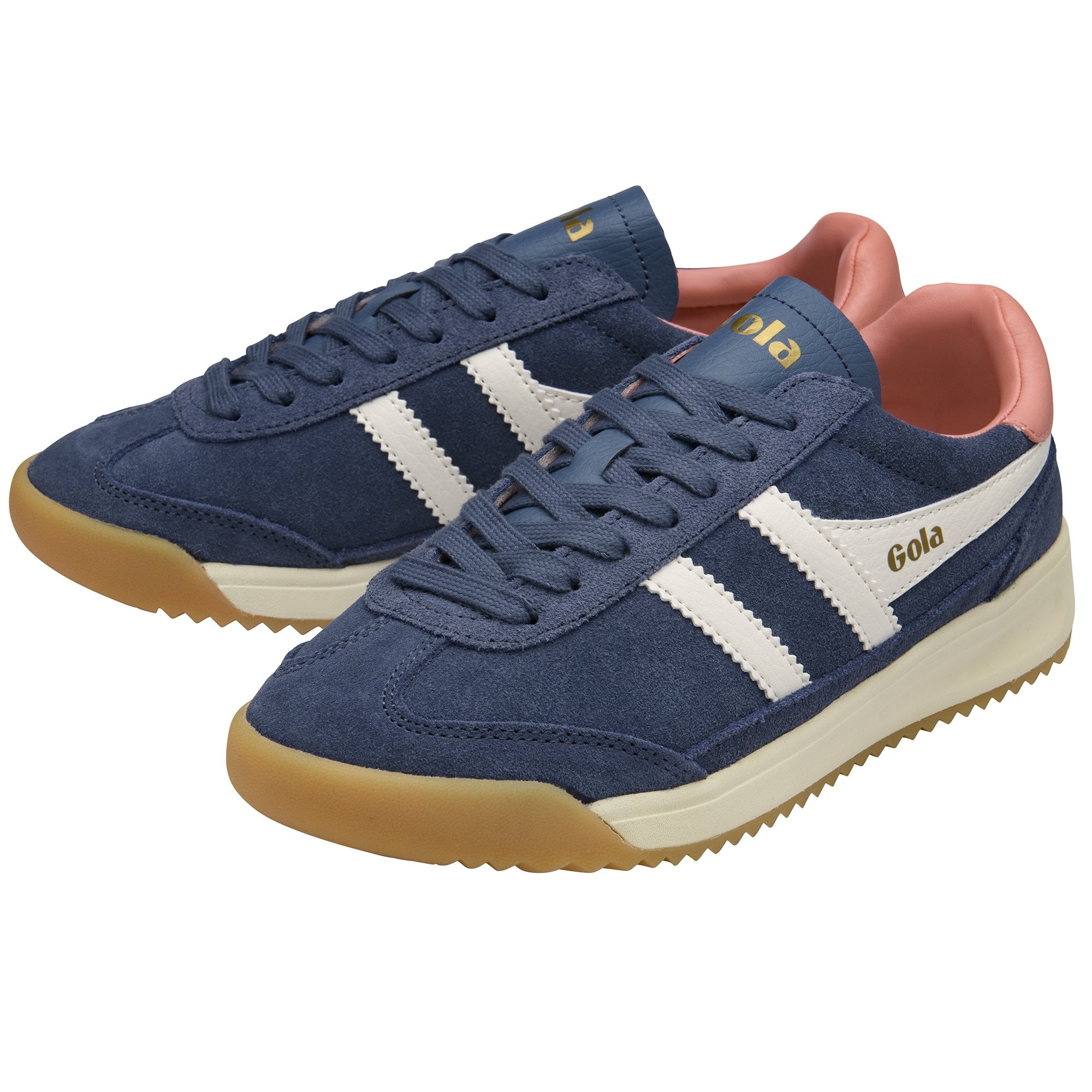 A pair of blue Gola men's sneakers with white stripes and pink heels.