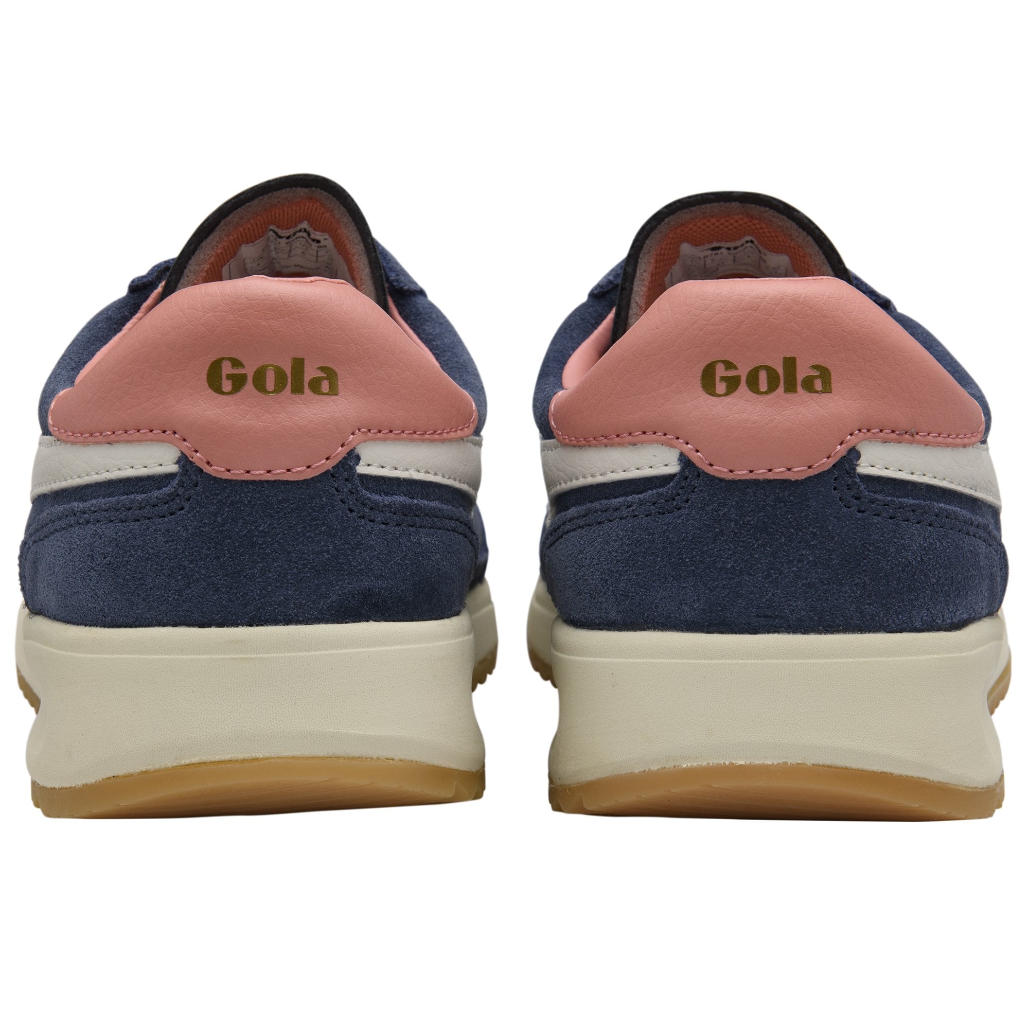 The back view of a pair of blue Gola men's sneakers with pink heels.