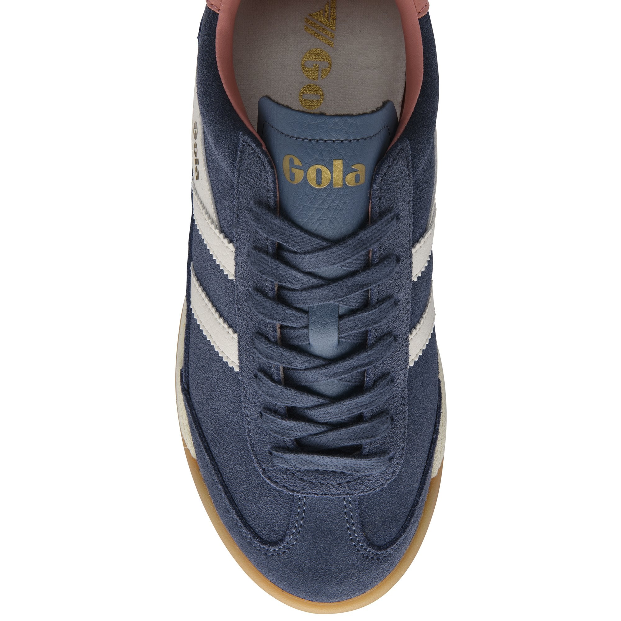 The top-down view of a single blue Gola men's sneaker with white stripes.