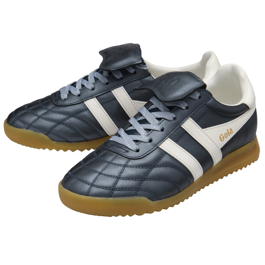Pair of Gola Quota trainers with black quilted uppers and gum soles, angled.