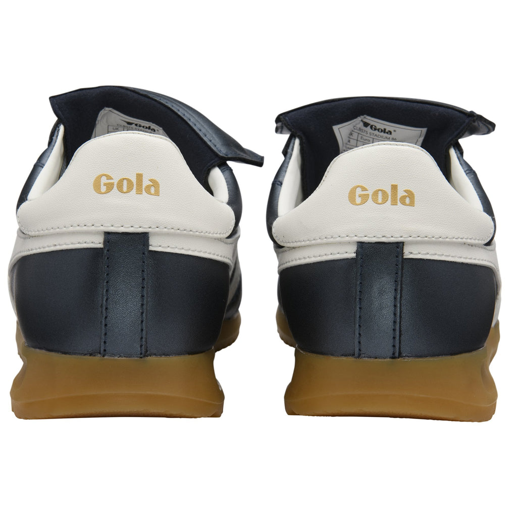 Rear view of a pair of Gola Quota trainers with black uppers and gum soles.
