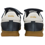 Rear view of a pair of Gola Quota trainers with black uppers and gum soles.