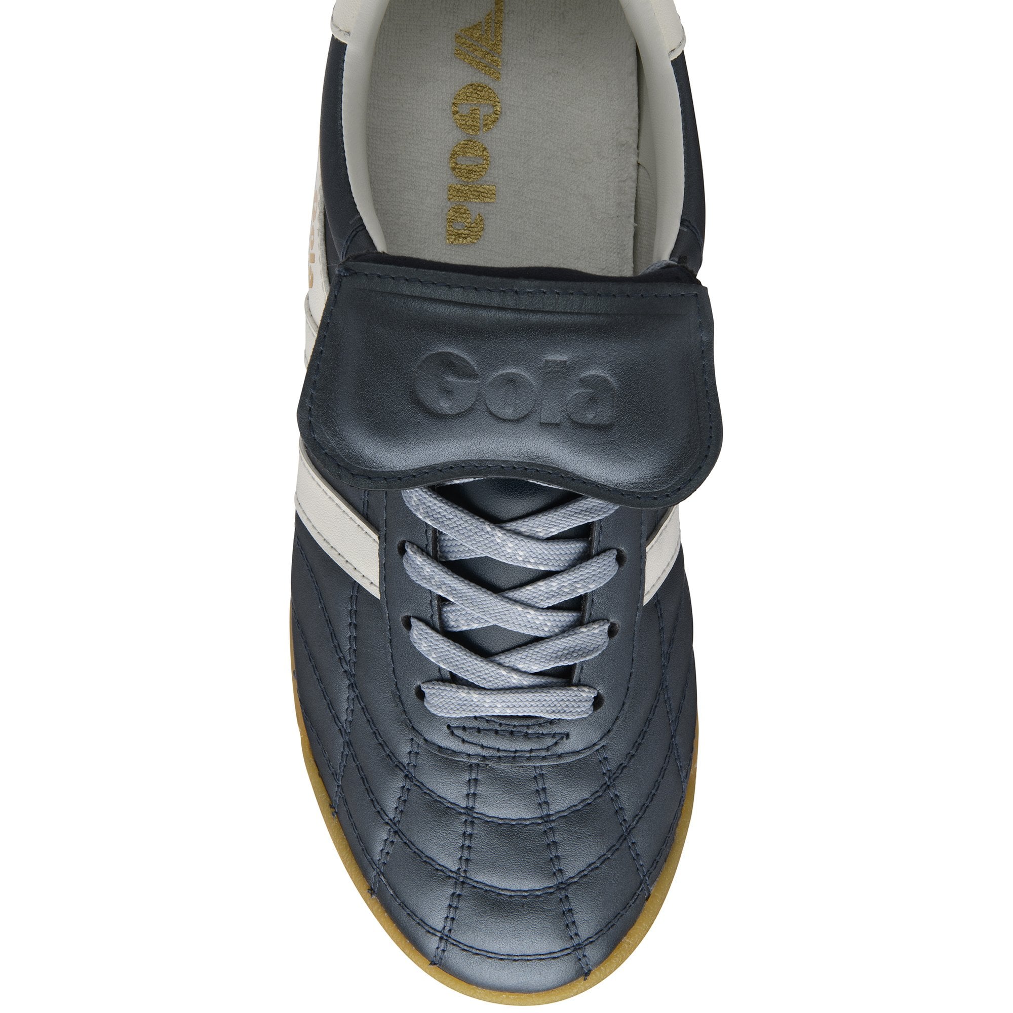 Top-down view of a Gola Quota trainer with a black quilted upper and gum sole.