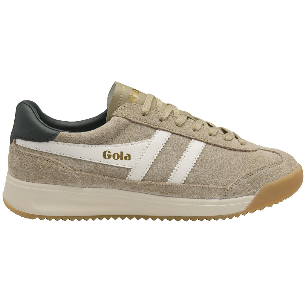 A single Gola men's Harrier sneaker in tan with white stripes and a dark green heel tab.