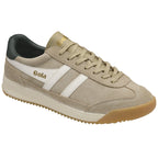 A Gola men's Harrier sneaker in tan with white stripes and a dark green heel tab, angled right.