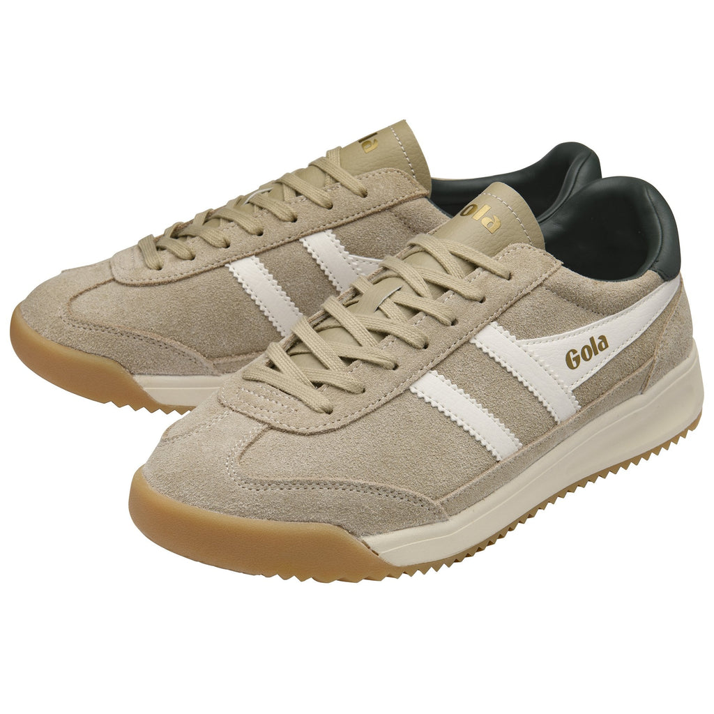 A pair of Gola men's Harrier sneakers in tan with white stripes and dark green heel tabs.