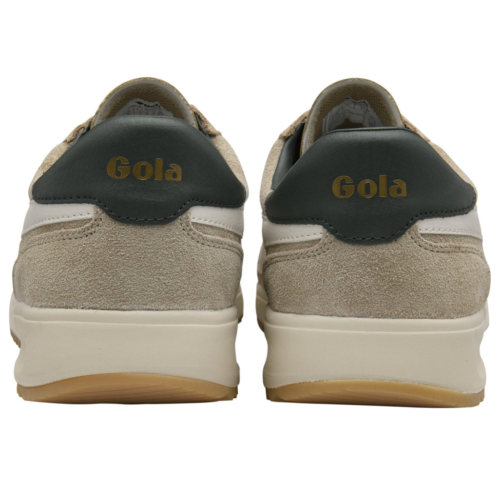 Rear view of a pair of Gola men's Harrier sneakers in tan with dark green heel tabs.