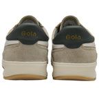 Rear view of a pair of Gola men's Harrier sneakers in tan with dark green heel tabs.