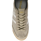 Top down view of a single Gola men's Harrier sneaker in tan with white stripes.