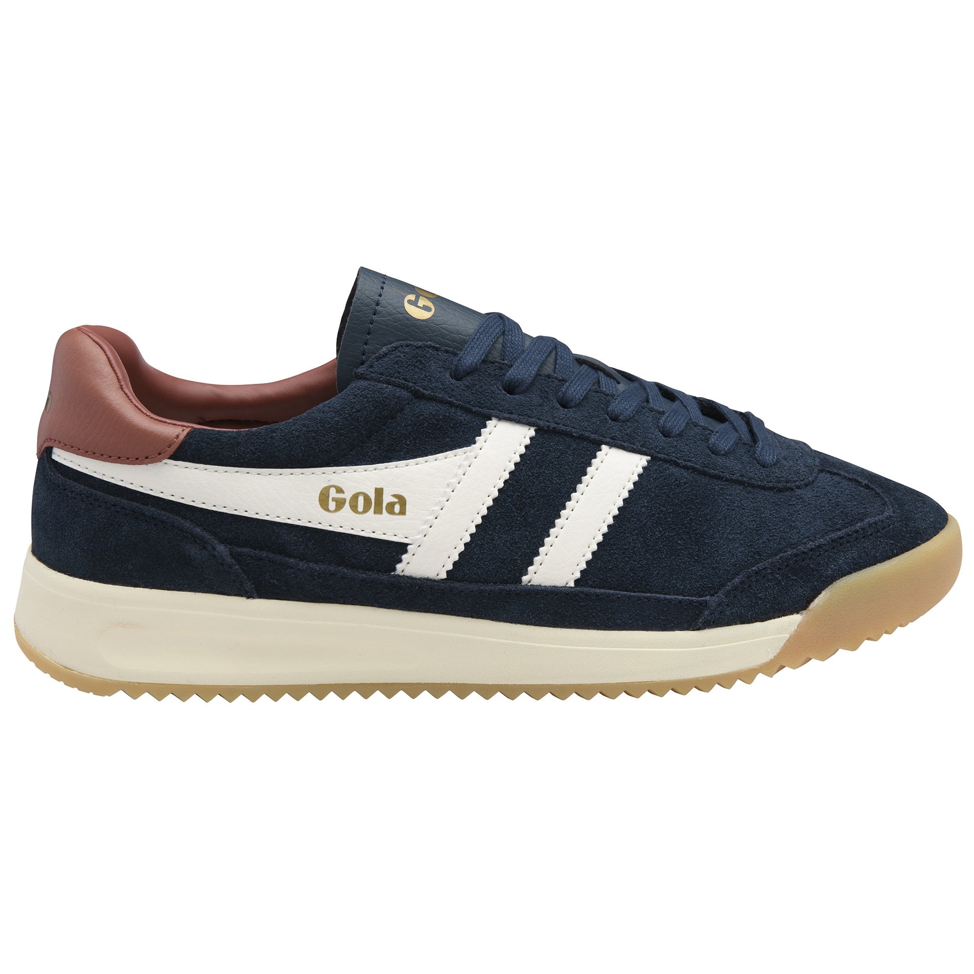 Side profile of a Gola men's shoe in navy, brown, and white.