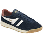 Angled side profile of a Gola men's shoe in navy, brown, and white.