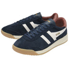 Pair of Gola men's shoes in navy, brown, and white from an angled view.