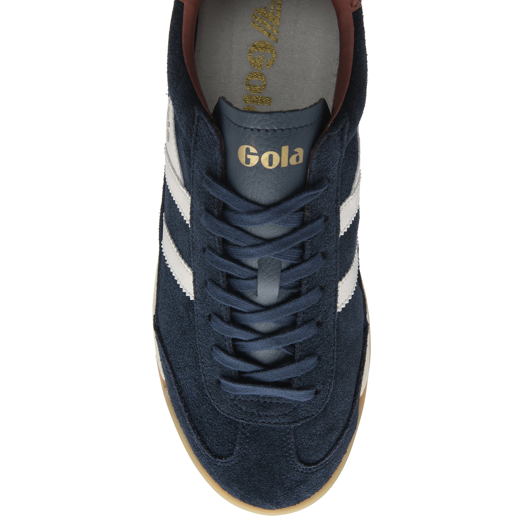 Top down view of a Gola men's shoe in navy, brown, and white.