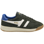 Side view of a dark green Gola men's shoe with white stripes and a blue heel accent.