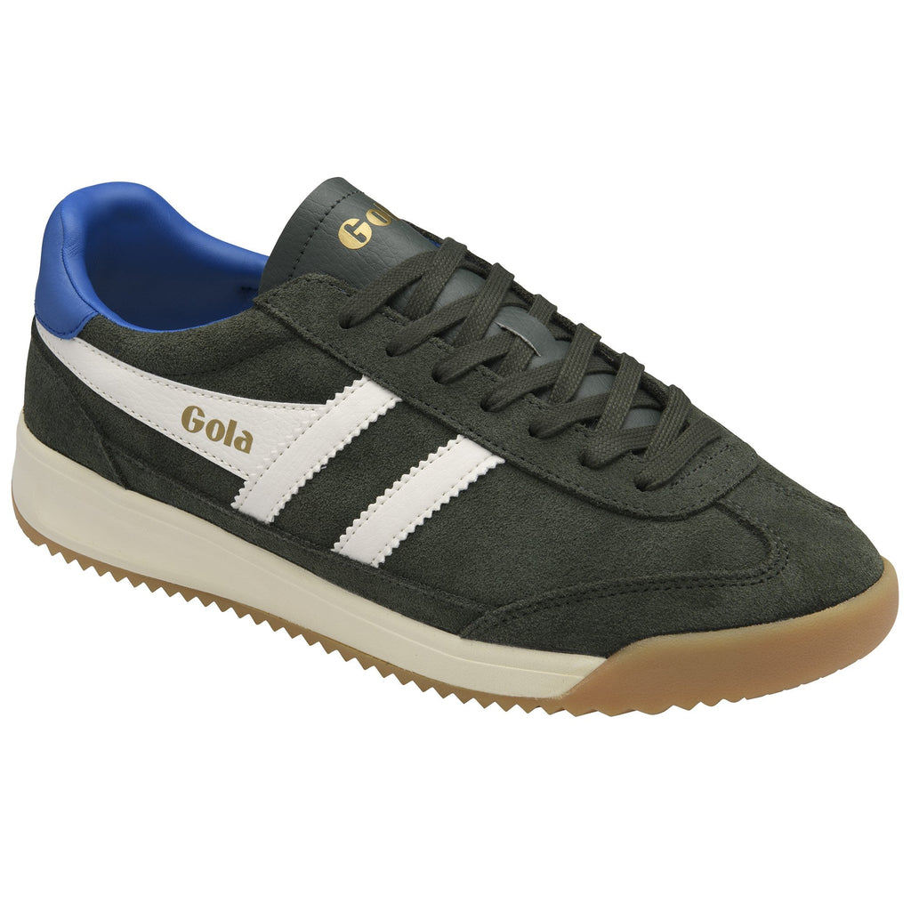 Gola men's trainer in dark green suede with white stripes, blue heel tab, and gum sole