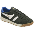 Gola men's trainer in dark green suede with white stripes, blue heel tab, and gum sole