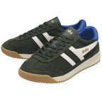 Pair of dark green Gola men's shoes with white stripes and blue heel accents.