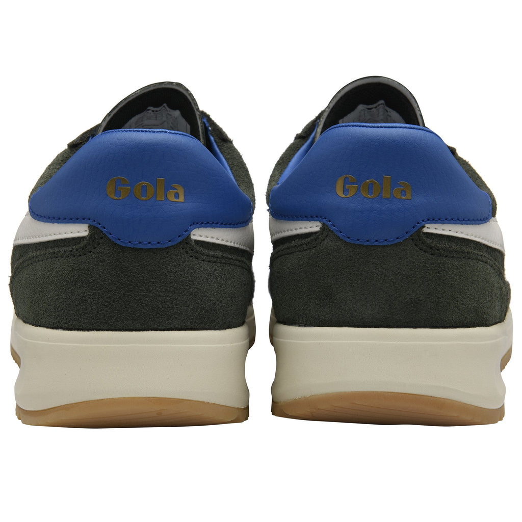 Rear view of two dark green Gola men's shoes, highlighting the blue heel with logo.