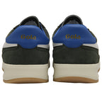 Rear view of two dark green Gola men's shoes, highlighting the blue heel with logo.