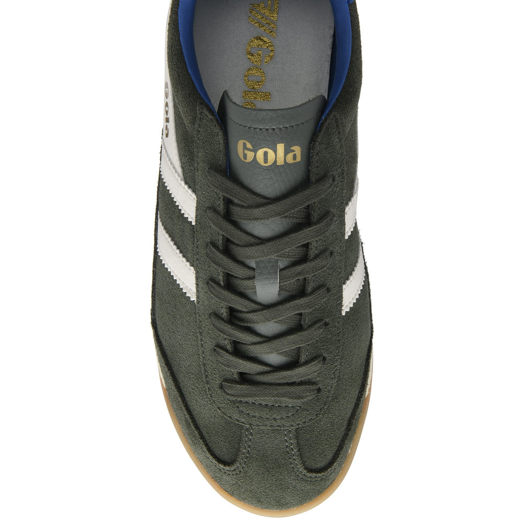 Top-down view of a dark green Gola men's shoe with white stripes and gold logo.
