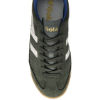 Top-down view of a dark green Gola men's shoe with white stripes and gold logo.