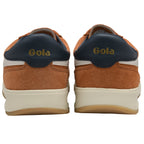 Rear view of a pair of Gola men's shoes in russet brown suede with navy heels.