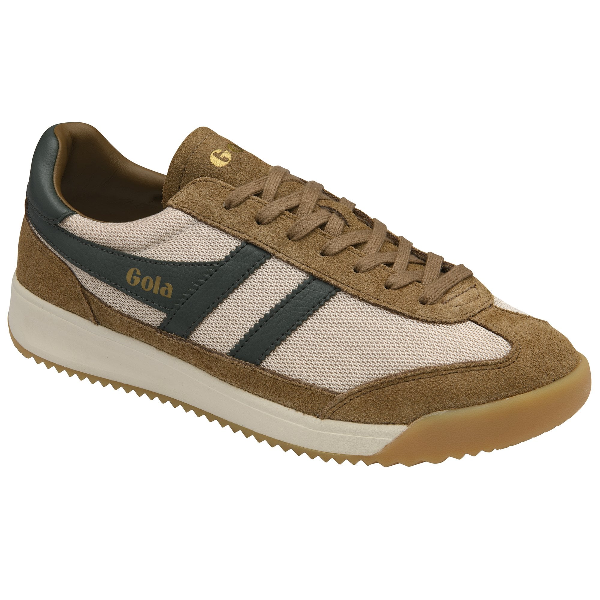 Angled side view of a Gola men's sneaker in brown and cream with dark green accents.