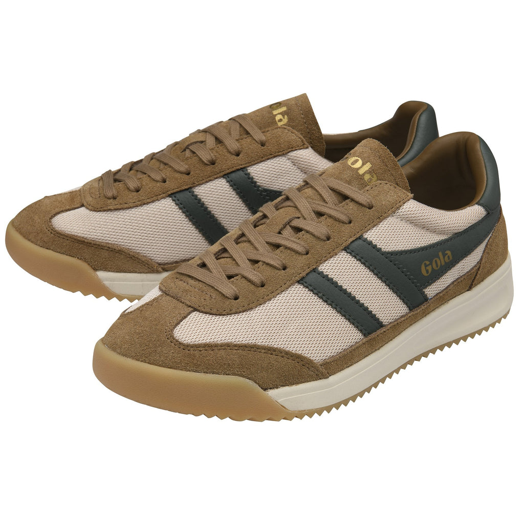 Pair of Gola men's sneakers in brown and cream with dark green accents.