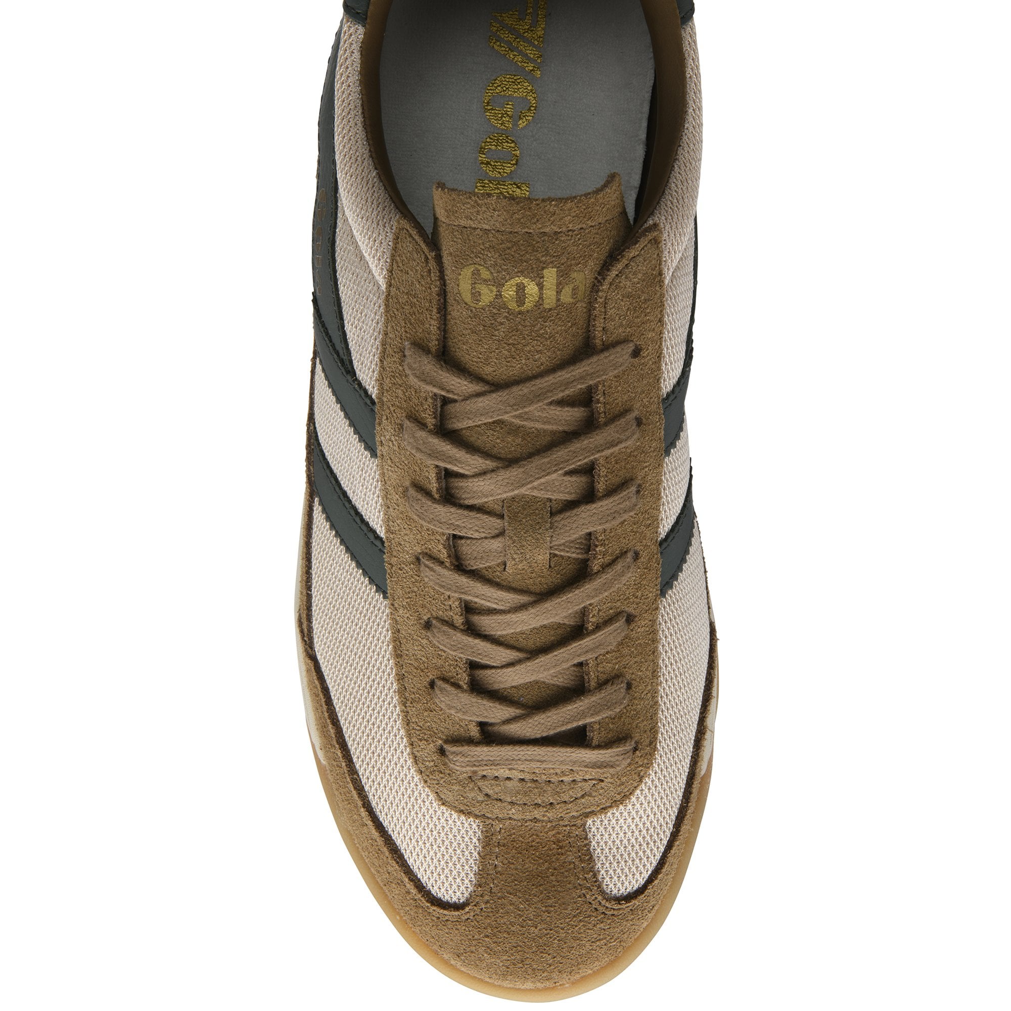 Top-down view of a Gola men's sneaker in brown and cream with dark green accents.