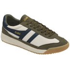 A single olive green, cream, and navy Gola men's sneaker, side view.