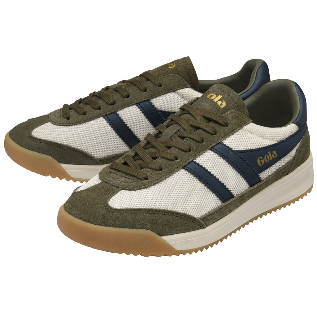 A pair of olive green, cream, and navy Gola men's sneakers, slightly angled.