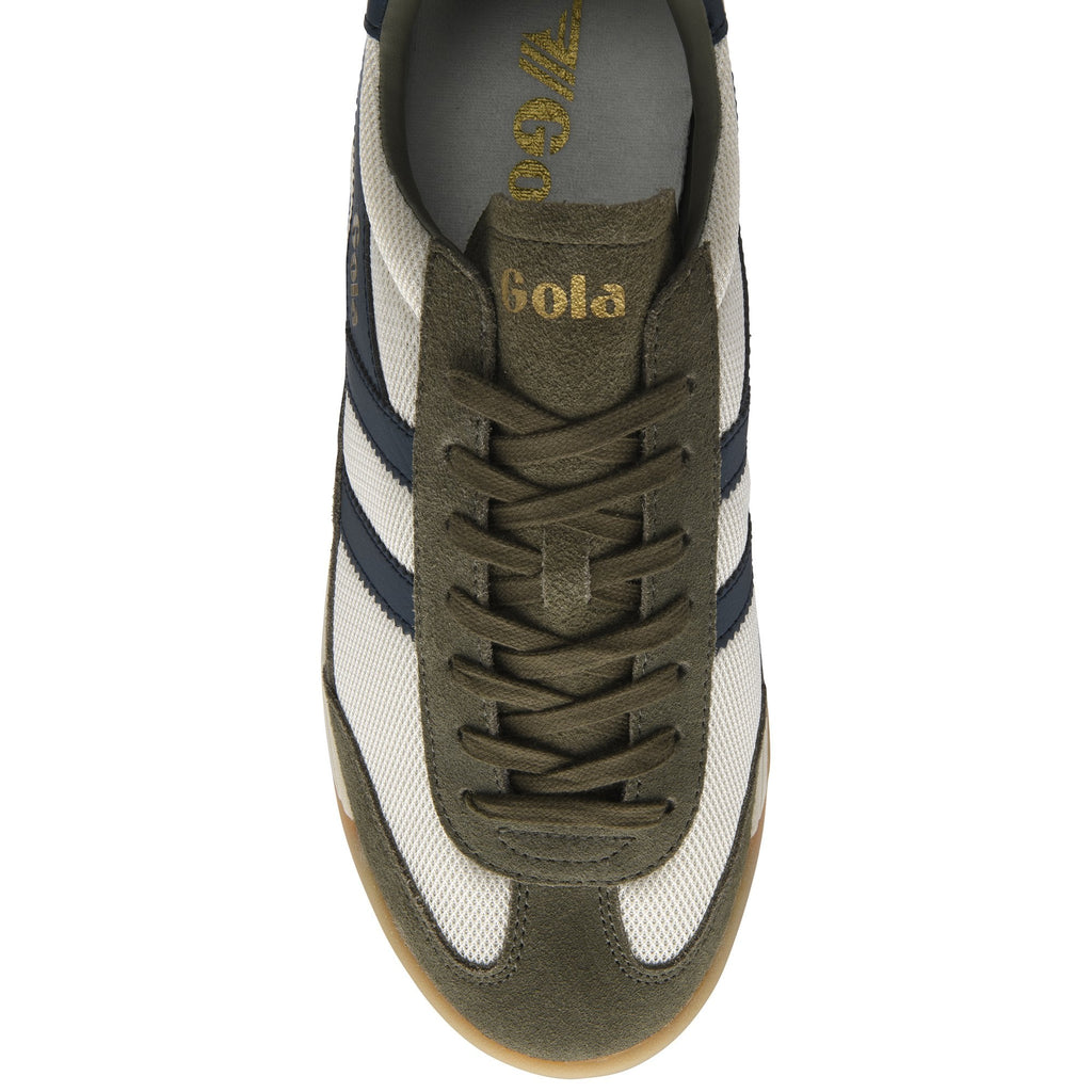 Top-down view of a single Gola men's sneaker in olive green, cream, and navy.